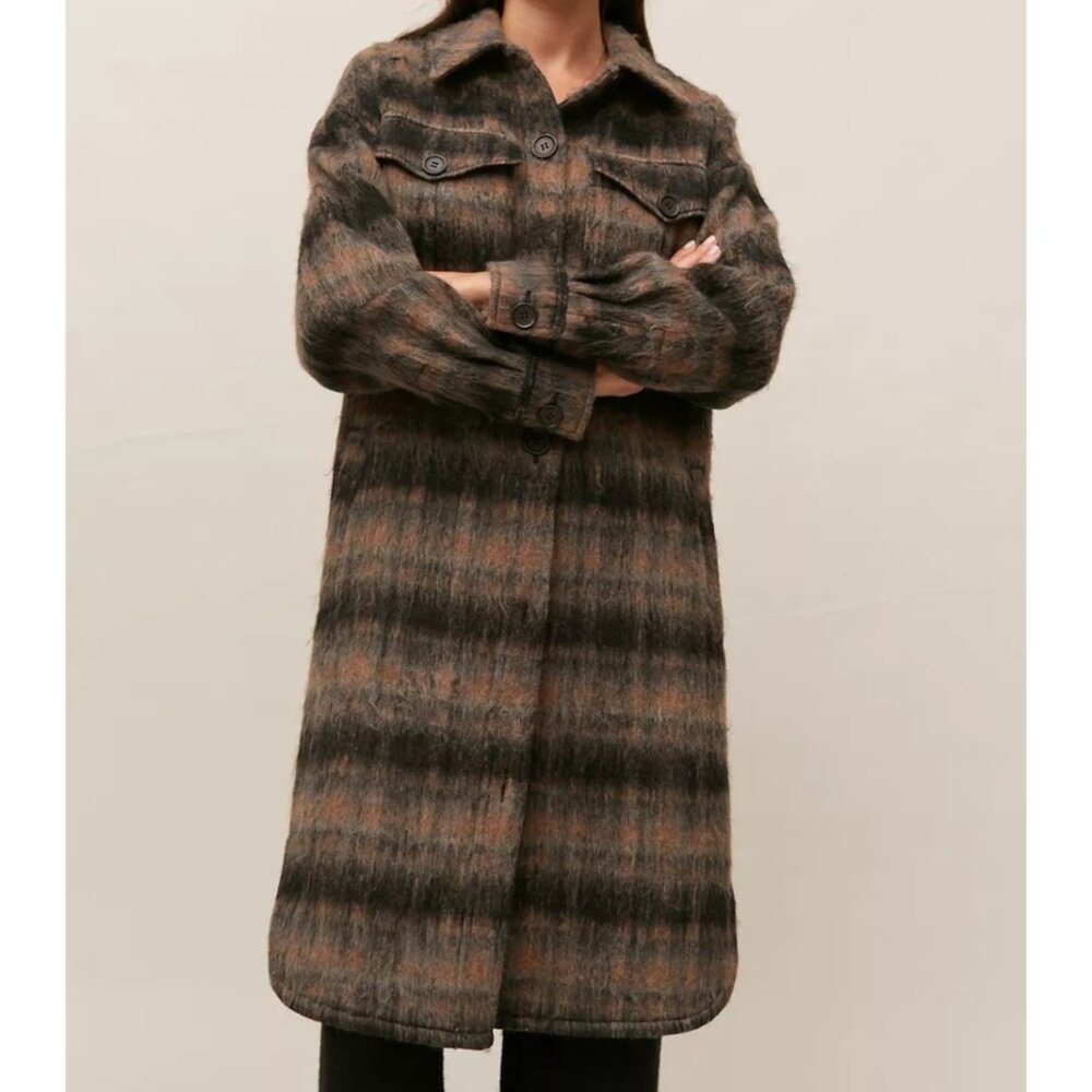 7 For All Mankind Plaid Button Up Coat Pockets S Brown Black Brushed Plaid Longl